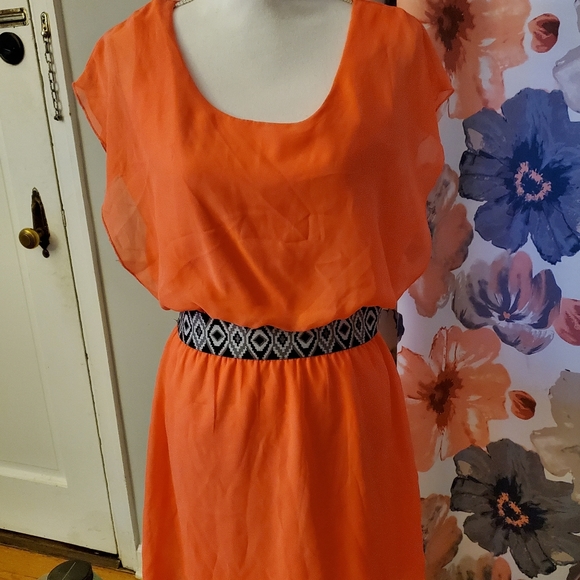 Bright Coral Flutter Top Belted Dress - Picture 2 of 5